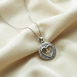 925 Sterling Silver "Faith, Hope, Love" Engraved Cross Heart Pendant Necklace
